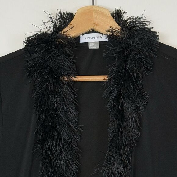 Calvin Klein Black Cropped Stretchy Slinky Fringe Cardigan Women's Medium NEW - Picture 2 of 7